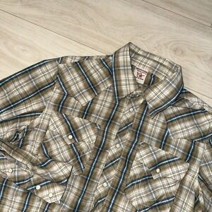 True Religion Men's Large Button Up Shirt Brown Plaid Pearl Snap Western Pockets